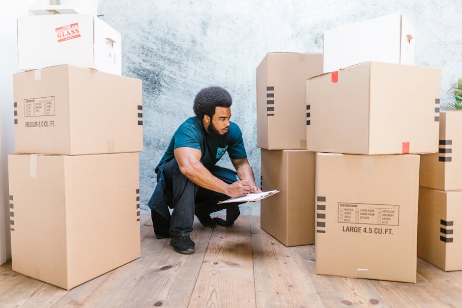 A man with dark skin and an afro hairstyle is kneeling on a wooden floor inside a property, surrounded by large cardboard moving boxes, some with printed labels indicating room contents and sizes such as large and medium. He is wearing a teal t-shirt and dark pants, holding a clipboard and pen, appearing to be inspecting or recording the packing process. The boxes are stacked to the sides and behind him, with some sealed with tape and others open or partially visible. The background features a plain, textured wall, and the scene takes place in a well-lit interior space, likely part of a home relocation or furniture transport procedure. This setting illustrates a typical packing and moving scenario, relevant for house removals services like those provided by Man with Van Bickley.