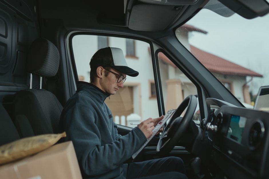 A young man wearing a white and black baseball cap, glasses, and a dark grey hoodie, is seated inside a large van, likely a moving vehicle, with the driver's seat to his right. He appears focused on a