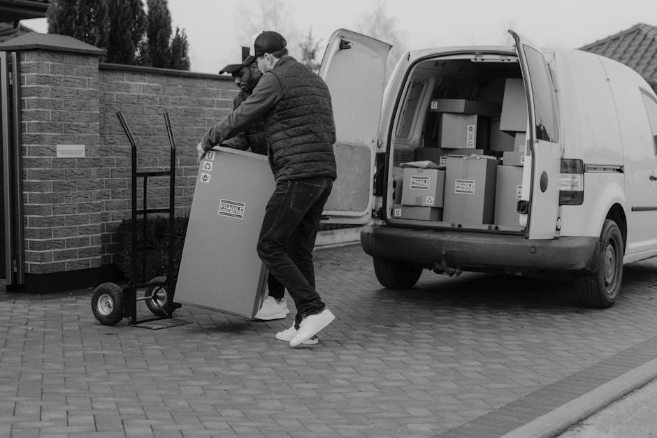 A man loading cardboard boxes into the back of a moving van during a home relocation process in Bickley. The van's interior is visible with several packed boxes of various sizes, some open and others 